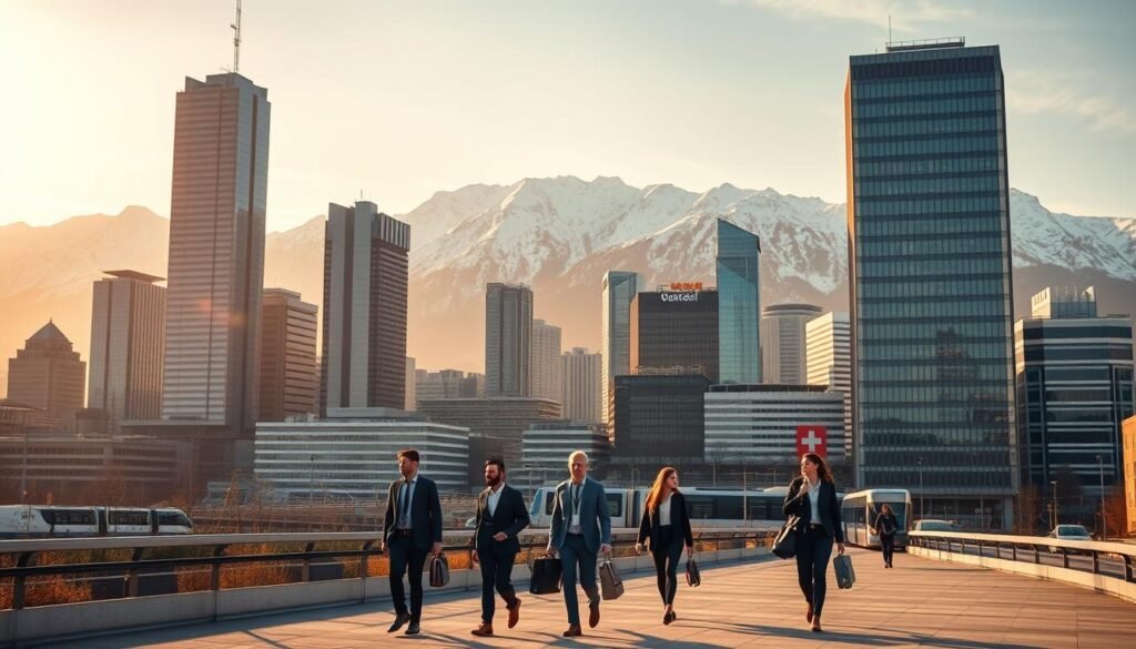 A bustling Swiss city skyline, with towering modern office buildings and high-tech corporate hubs set against a backdrop of snow-capped Alpine peaks. In the foreground, professionals in smart casual attire stride purposefully, briefcases in hand, reflecting the dynamic, innovative business environment. Warm, diffused lighting casts a golden glow, evoking an atmosphere of opportunity and prosperity. Sleek, glass-fronted skyscrapers and efficient public transit systems suggest a landscape ripe with possibilities for ambitious job seekers. The scene conveys the vibrant, cosmopolitan nature of the Swiss employment landscape, a fusion of global business and scenic natural splendor.