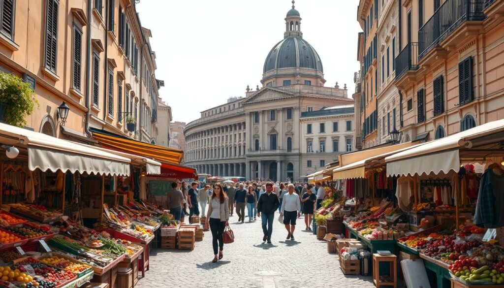 A bustling city scene in Italy, with a vibrant street market in the foreground. Stalls display an array of local produce, artisanal goods, and handcrafted wares, enticing passersby. In the middle ground, people stroll along the cobblestone streets, engrossed in conversation and browsing the offerings. In the background, the iconic architecture of Italy rises up, with ornate facades and domed roofs casting warm shadows. The lighting is soft and diffused, creating a welcoming atmosphere. A sense of energy and opportunity pervades the scene, hinting at the potential for finding fulfilling employment in this dynamic urban environment.
