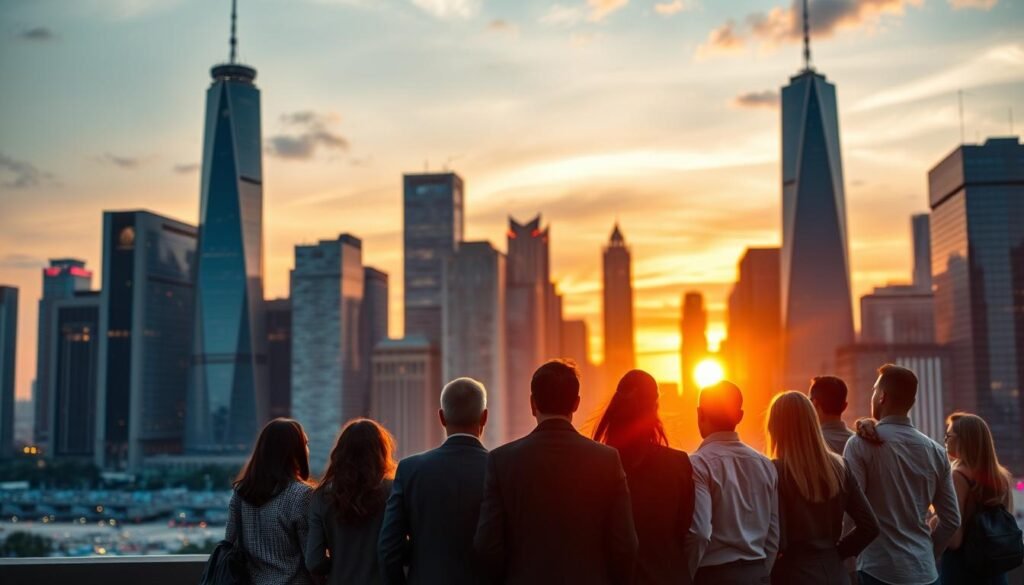 A bustling city skyline at dusk, with towering skyscrapers silhouetted against a vibrant sunset. In the foreground, a diverse group of professionals stand together, gazing upwards with a sense of anticipation and possibility. The scene conveys the excitement and potential of international career opportunities, with the city lights and architectural grandeur symbolizing the global scale of the opportunities available. The lighting is warm and inviting, creating a sense of optimism and adventure. The composition emphasizes the unity and collaboration within the group, suggesting the camaraderie and support that can be found in pursuing a career abroad.