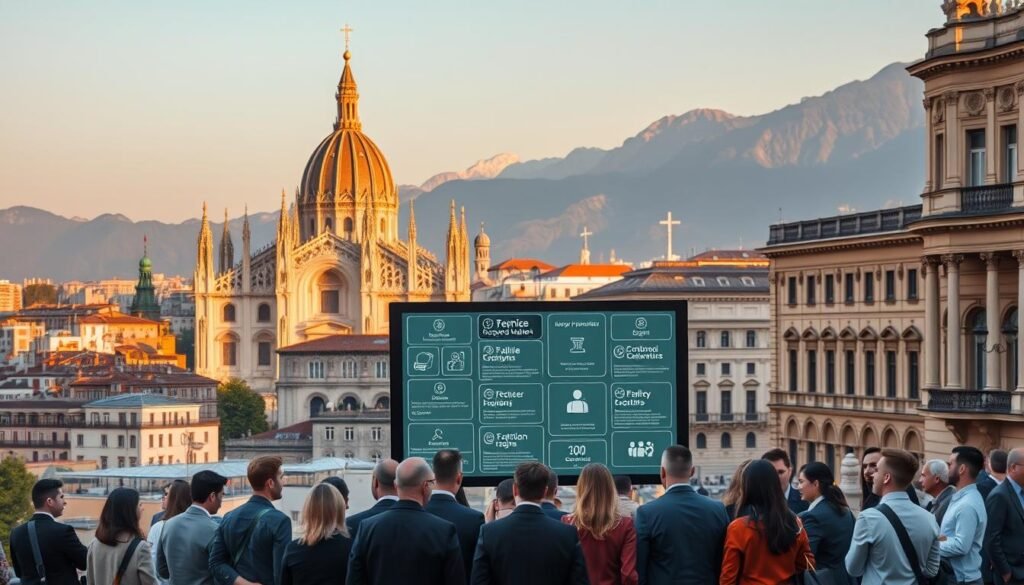 A bustling city skyline in central Italy, with towering architectural marvels like the Duomo di Milano and the Galleria Vittorio Emanuele II. In the foreground, a diverse group of professionals in business attire, representing the vibrant job market, gather around a large digital display showcasing various employment opportunities. The scene is bathed in warm, golden light, conveying an atmosphere of prosperity and opportunity. In the background, the iconic Apennine mountains loom, hinting at the natural beauty that complements the urban dynamism. The overall composition suggests the promising career prospects and high quality of life awaiting those seeking work in modern-day Italy.