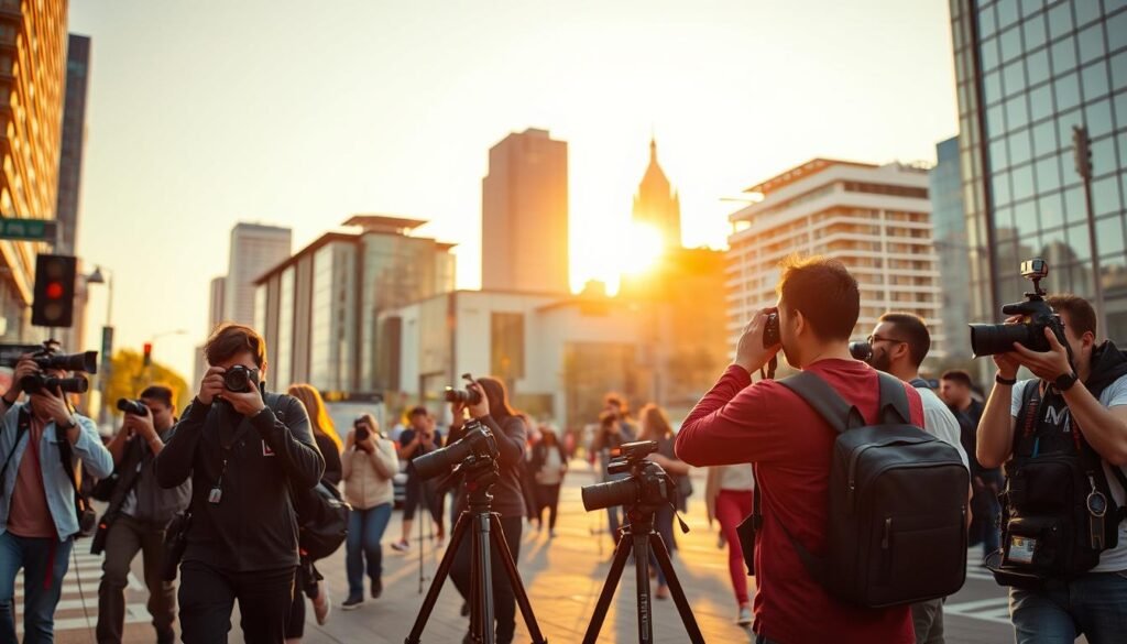 A bustling cityscape, with modern architectural structures in the background, bathed in warm golden light. In the foreground, a group of photographers capture the vibrant street scenes, their cameras poised with an air of professional expertise. The middle ground features various photographic equipment, including tripods, lenses, and camera bags, reflecting the technical aspects of the craft. The overall atmosphere conveys the dynamic and ever-evolving nature of the photography industry, showcasing the latest trends and technologies that shape the modern fotoğrafçılık landscape.