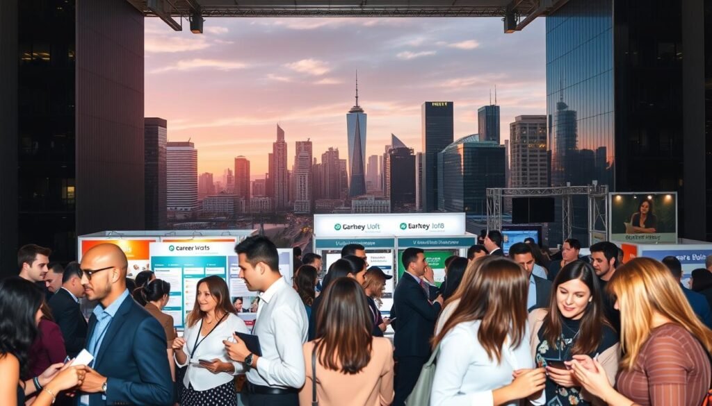 A bustling job market scene in Germany, set against a backdrop of towering modern office buildings and a vibrant city skyline. In the foreground, a diverse group of professionals engage in animated conversations, exchanging business cards and exploring new career opportunities. The middle ground features a mix of job postings, career fairs, and recruitment booths, showcasing the wide range of industries and roles available. The lighting is warm and inviting, with a touch of natural sunlight filtering through the scene. The overall atmosphere conveys a sense of dynamism, opportunity, and the ever-evolving landscape of the German job market.