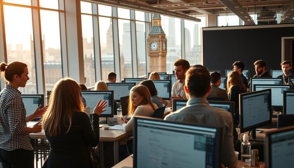 A bustling office environment in London, England, illuminated by warm natural light pouring through large windows. In the foreground, a group of young professionals engage in a lively discussion, gesturing animatedly as they explore job search strategies. The middle ground features rows of desks where individuals meticulously review job listings on their computer screens, their expressions a mix of determination and anticipation. In the background, a towering skyline of iconic British landmarks, including the Big Ben clock tower, creates a sense of place. The overall atmosphere conveys the dynamic and competitive nature of the job search process in modern-day England, with a touch of urban energy and ambitious spirit. A bustling office environment in London, England, illuminated by warm natural light pouring through large windows. In the foreground, a group of young professionals engage in a lively discussion, gesturing animatedly as they explore job search strategies. The middle ground features rows of desks where individuals meticulously review job listings on their computer screens, their expressions a mix of determination and anticipation. In the background, a towering skyline of iconic British landmarks, including the Big Ben clock tower, creates a sense of place. The overall atmosphere conveys the dynamic and competitive nature of the job search process in modern-day England, with a touch of urban energy and ambitious spirit.