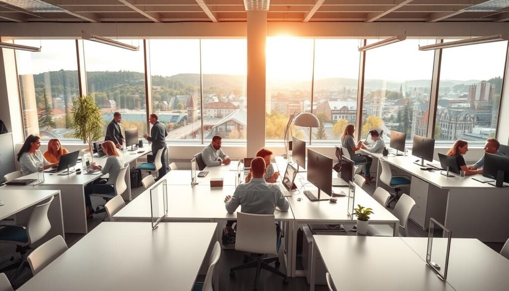 A bustling office scene set in a modern, minimalist Norwegian workspace. Sleek white desks and chairs arranged in an open layout, bathed in warm, natural light streaming through large windows. Employees dressed in a mix of casual and business attire collaborate at workstations, engaged in animated discussions. The background features a cityscape with characteristic Scandinavian architecture and lush greenery. An atmosphere of productivity, efficiency, and work-life balance permeates the scene, capturing the essence of the Norwegian job market.