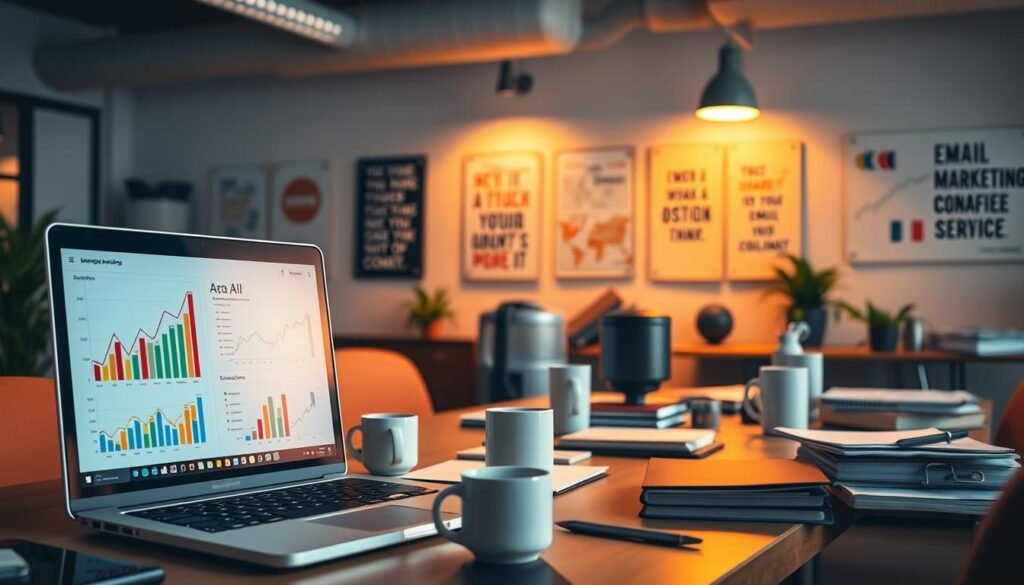 A bustling office scene, with a focus on a desk displaying key email marketing analytics. Warm, ambient lighting illuminates the workspace, creating a professional, data-driven atmosphere. In the foreground, a laptop screen showcases colorful charts and graphs, visually representing the return on investment (ROI) of the email marketing campaign. The middle ground features neatly organized files, coffee mugs, and other office accessories, conveying a sense of productivity and attention to detail. In the background, the walls are adorned with motivational posters and inspirational quotes, hinting at the strategic importance of email marketing within the overall business strategy. The overall composition should be visually striking, with a balance of realism and digital aesthetics.