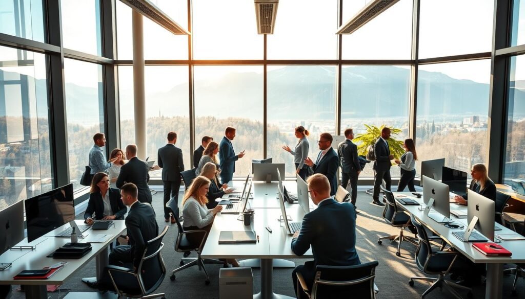 A bustling office setting in the heart of Switzerland, bathed in warm, natural light from floor-to-ceiling windows. Professionals in business attire engage in lively discussions, collaborating at modern desks and sleek conference tables. The atmosphere exudes efficiency, innovation, and a strong work ethic, capturing the essence of the Swiss corporate culture. In the background, a picturesque mountain range can be seen through the windows, a subtle nod to the country's stunning natural beauty. The overall scene conveys a sense of productivity, work-life balance, and the high standards that define the Swiss working environment.