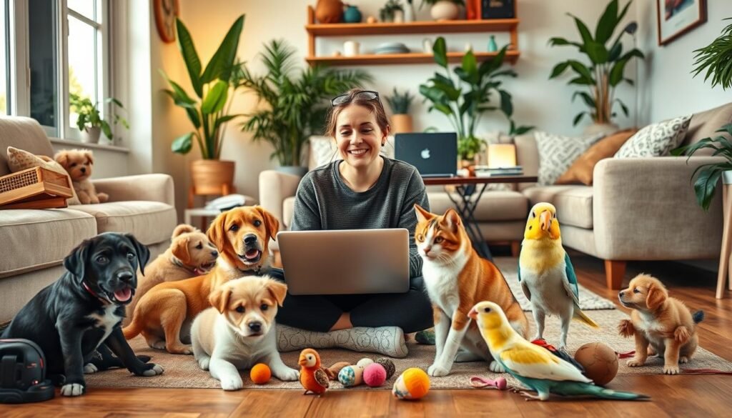 A cozy home interior scene featuring a pet-sitter interacting with various pets. In the foreground, a smiling person sits on the floor, surrounded by a lively group of domestic animals - a playful puppy, a curious kitten, a content cat, and a well-behaved bird. The middle ground showcases the pet-sitter's workstation, with a laptop, pet supplies, and adorable toys scattered about. In the background, a warm, inviting living room setting with plush furniture, potted plants, and soft lighting creates a welcoming atmosphere. The overall mood is one of comfort, care, and joyful pet-human interaction. A cozy home interior scene featuring a pet-sitter interacting with various pets. In the foreground, a smiling person sits on the floor, surrounded by a lively group of domestic animals - a playful puppy, a curious kitten, a content cat, and a well-behaved bird. The middle ground showcases the pet-sitter's workstation, with a laptop, pet supplies, and adorable toys scattered about. In the background, a warm, inviting living room setting with plush furniture, potted plants, and soft lighting creates a welcoming atmosphere. The overall mood is one of comfort, care, and joyful pet-human interaction.
