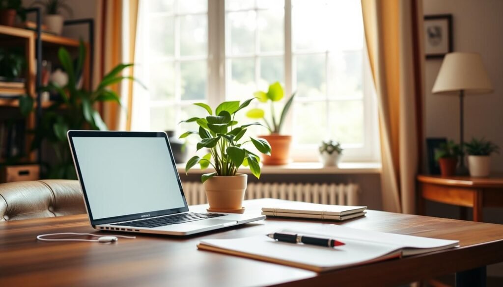 A cozy home office setting with a warm, inviting atmosphere. In the foreground, a professional-looking desk with a laptop, pen, and notebook, conveying the idea of online coaching. The middle ground features a potted plant, symbolizing the "plant parent" theme, placed on a wooden side table. The background showcases a large window with natural lighting, creating a serene and productive environment. The overall scene exudes a sense of efficiency, focus, and the benefits of online coaching to help nurture and guide plant enthusiasts.