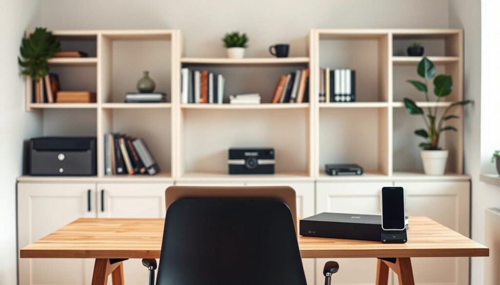 A cozy home office with a comfortable chair, a laptop, and a smartphone on a minimalist wooden desk. Soft, indirect lighting creates a warm, productive atmosphere. Shelves in the background hold reference books and a potted plant, conveying a sense of focus and creativity. The room's clean lines and neutral tones suggest a freelance worker's workspace, ready to tackle a variety of projects with efficiency and professionalism.