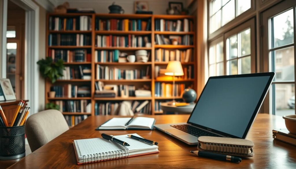 A cozy home office with a wooden desk, a comfortable chair, and an open laptop. In the foreground, an array of writing tools - pens, pencils, and a notebook - neatly arranged. The middle ground features a large bookshelf filled with volumes on various topics, hinting at the breadth of knowledge and expertise of the freelance writer. The background showcases a large window, allowing natural light to pour in and create a warm, inviting atmosphere. Soft lighting from a desk lamp casts a subtle glow, setting the mood for focused, creative work. The overall scene conveys the essence of a freelance writer's workspace - a sanctuary of productivity, learning, and imagination.
