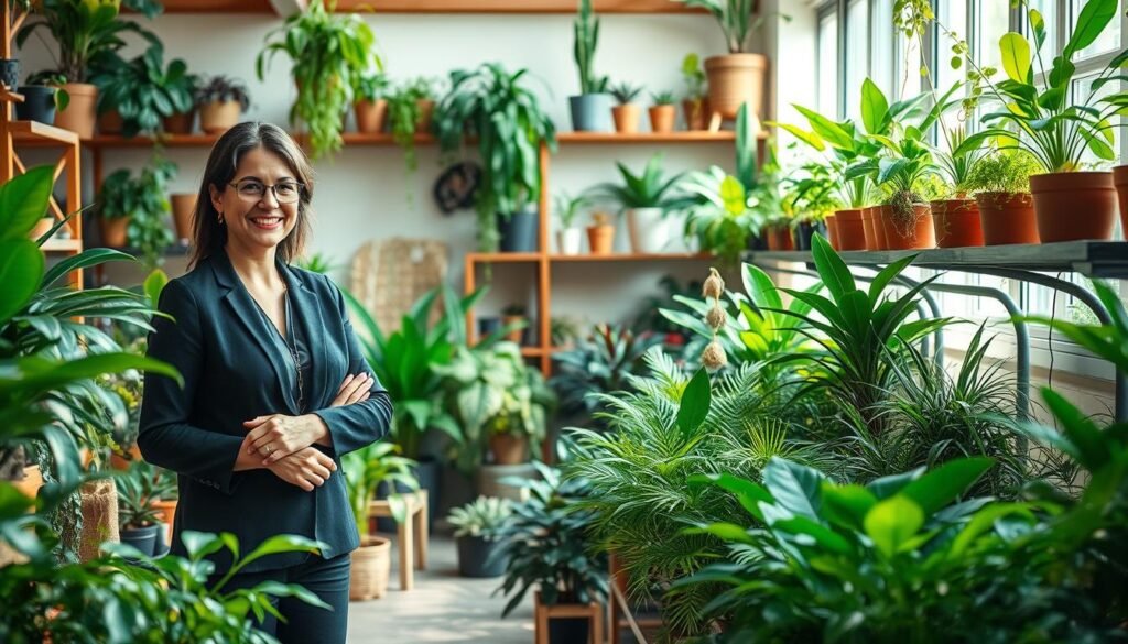 A cozy indoor plant nursery with lush greenery and natural light. In the foreground, a smiling plant consultant stands amongst potted plants, sharing her expertise with a customer. The middle ground features a variety of vibrant, thriving houseplants arranged in aesthetic displays. The background showcases a serene, earthy-toned interior with wooden shelves and natural decor, creating a welcoming, calming atmosphere. The lighting is soft and warm, highlighting the verdant foliage. The overall scene conveys the importance of professional plant care guidance, with the consultant's knowledge and the healthy plants emphasizing the value of Bitki Bakım Danışmanlığı.