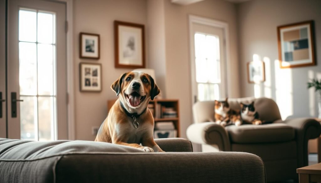 A cozy living room interior, with a comfortable couch and plush armchair. In the foreground, a playful dog sits on the couch, its tongue hanging out, while a cat lounges on the armchair, lazily watching its canine companion. Soft, natural lighting filters through large windows, casting a warm glow on the scene. The walls are adorned with framed artwork, giving the space a personalized, homey feel. The overall atmosphere is one of relaxation and contentment, reflecting the joys of pet-sitting and the advantages it offers. A cozy living room interior, with a comfortable couch and plush armchair. In the foreground, a playful dog sits on the couch, its tongue hanging out, while a cat lounges on the armchair, lazily watching its canine companion. Soft, natural lighting filters through large windows, casting a warm glow on the scene. The walls are adorned with framed artwork, giving the space a personalized, homey feel. The overall atmosphere is one of relaxation and contentment, reflecting the joys of pet-sitting and the advantages it offers.