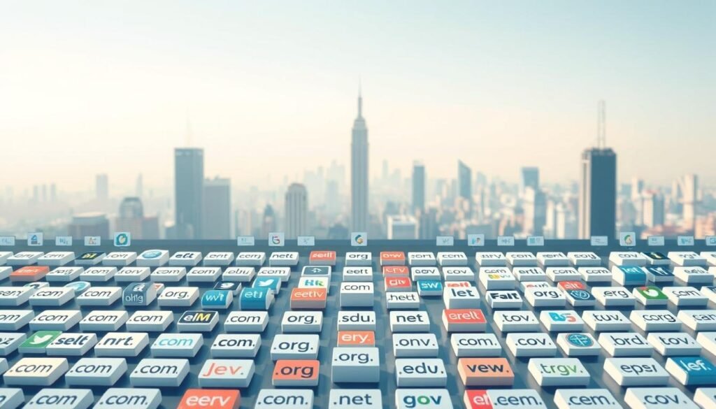 A detailed digital illustration depicting the various types of internet domains, presented in a clean, modern style. The foreground showcases a variety of domain extensions such as .com, .org, .net, .edu, and .gov, each represented by a distinct icon or symbol. The middle ground features a grid-like arrangement of these domain icons, suggesting the vast landscape of the online domain ecosystem. The background depicts a serene, minimalist cityscape, hinting at the ubiquitous presence of the internet and web-based services in the modern world. The lighting is soft and diffused, creating a sense of clarity and professionalism. The overall composition and color palette convey a sense of organization, knowledge, and the importance of understanding the different domain türleri.