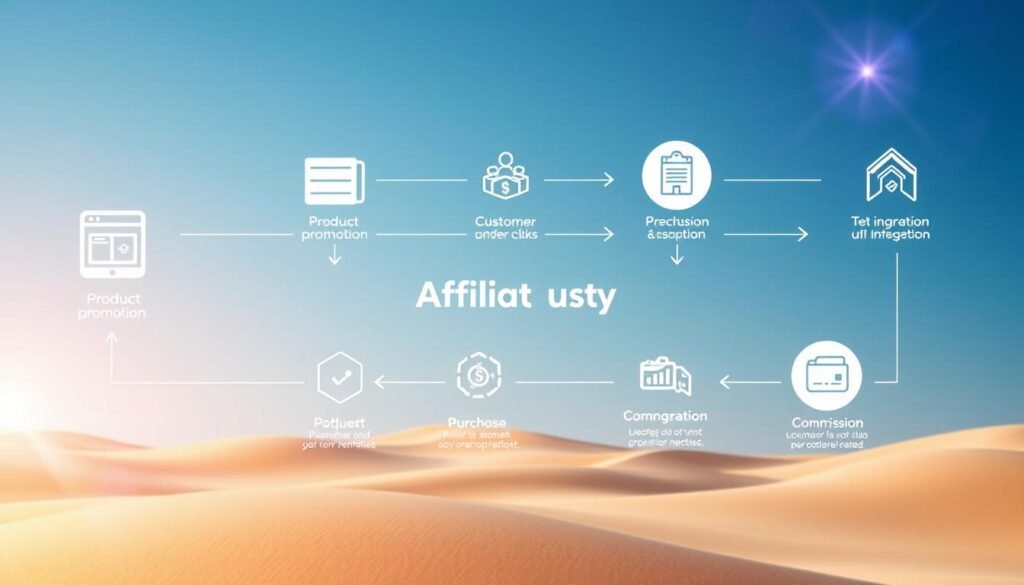 A detailed infographic depicting the workflow of affiliate marketing. In the foreground, a stylized graphic showcases the key steps: product promotion, customer clicks, purchase, and commission payout. The middle ground features geometric shapes, icons, and arrows illustrating the interconnected nature of this process. In the background, a soft, gradient-based landscape sets a professional, technology-driven mood, complemented by subtle lens flares and a clean, high-contrast lighting scheme. The overall visual style should convey a sense of efficiency, clarity, and the seamless integration of digital commerce. A detailed infographic depicting the workflow of affiliate marketing. In the foreground, a stylized graphic showcases the key steps: product promotion, customer clicks, purchase, and commission payout. The middle ground features geometric shapes, icons, and arrows illustrating the interconnected nature of this process. In the background, a soft, gradient-based landscape sets a professional, technology-driven mood, complemented by subtle lens flares and a clean, high-contrast lighting scheme. The overall visual style should convey a sense of efficiency, clarity, and the seamless integration of digital commerce.