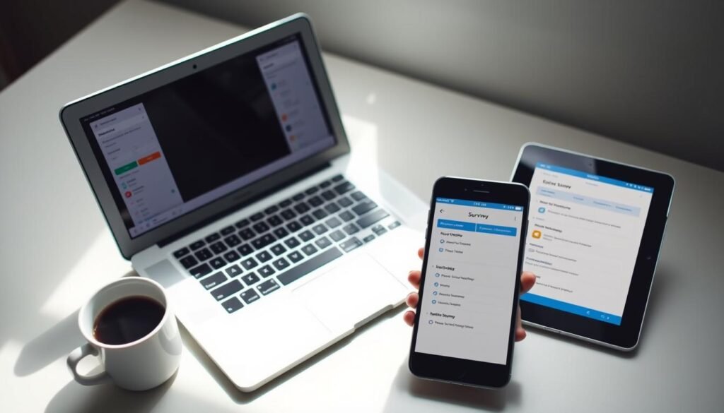 A digital workspace with a laptop, smartphone, and tablet, showcasing an online survey or questionnaire interface. The scene is well-lit, with soft directional lighting casting subtle shadows. The devices are arranged in a dynamic, visually appealing composition, capturing the essence of earning money through online surveys. The color palette is clean and modern, with muted tones that create a professional, inviting atmosphere. The overall impression conveys the ease and convenience of participating in online surveys as a means of generating income from the comfort of one's home or workspace.