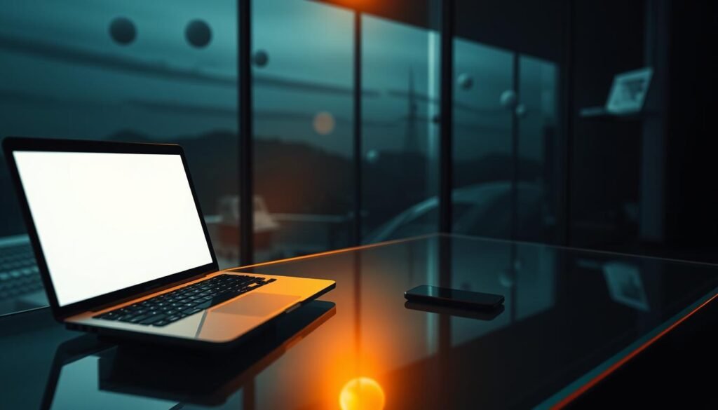 A dimly lit modern workstation, with a laptop, tablet, and smartphone on a sleek glass desk. Soft lighting emanates from the screen, casting a warm glow across the workspace. In the background, digital landscapes and abstract shapes float, representing the digital realm of content creation. The scene evokes a sense of focused creativity, with the tools of the trade at hand, ready to bring ideas to life. A high-contrast, cinematic rendering, with a shallow depth of field to draw the eye to the central workspace. The overall mood is one of contemplation and immersion in the digital world of content production.