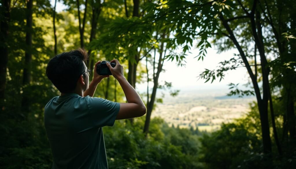 A freelance photographer stands in a sun-dappled forest, camera raised to their eye. The scene is one of serene contemplation, with the photographer framed by lush greenery and soft, diffused lighting. In the middle ground, a small clearing reveals a picturesque landscape, hinting at the potential for striking, nature-inspired shots. The overall mood is one of tranquility and artistry, capturing the essence of freelance photography as a pursuit of creative expression in the great outdoors.