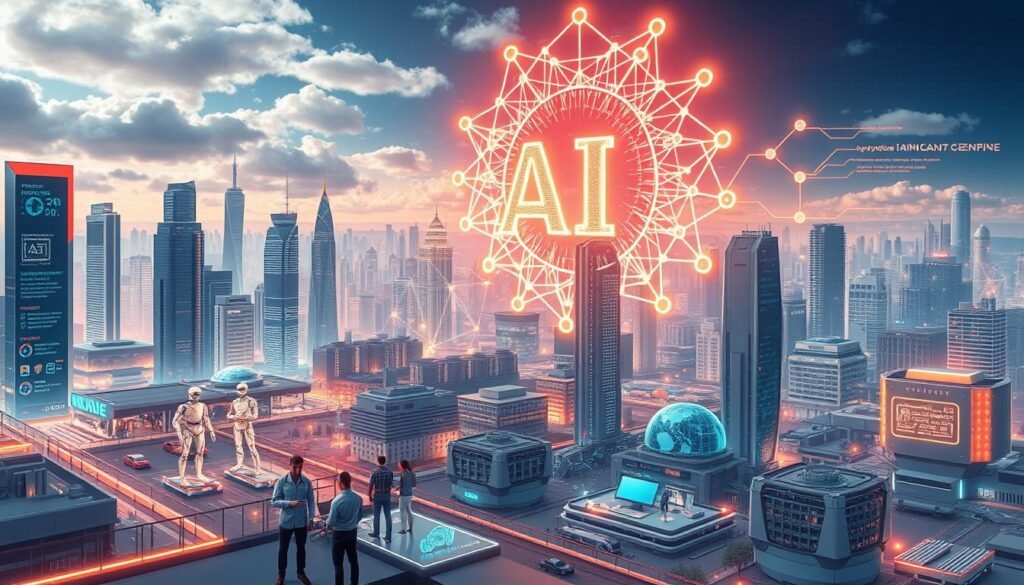 A hyper-realistic, detailed, and immersive digital illustration depicting the applications of artificial intelligence (AI). The scene showcases a futuristic cityscape with towering skyscrapers, autonomous vehicles, and advanced robotic systems seamlessly integrated into the urban landscape. The foreground features a team of AI researchers and engineers collaborating on various holographic displays, while the middle ground showcases a diverse range of AI-powered technologies, such as smart home systems, medical diagnostic tools, and autonomous drones. The background is dominated by a large, glowing AI neural network, symbolizing the pervasive and interconnected nature of this transformative technology. The lighting is crisp, with a warm, futuristic glow emanating from the holographic interfaces and AI-driven infrastructure. The overall atmosphere conveys a sense of progress, innovation, and the boundless potential of artificial intelligence.