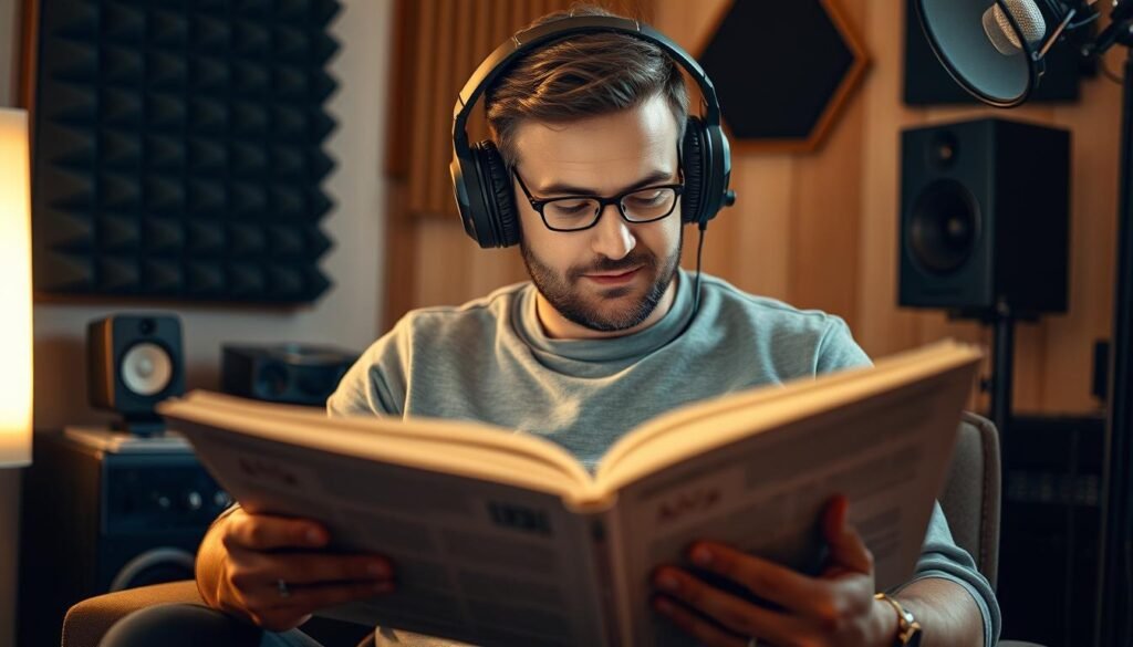 A man sitting in a cozy home studio, wearing high-quality headphones, intently reading from a book. Soft, warm lighting illuminates his face, creating an intimate, inviting atmosphere. The background features soundproofing materials and audio equipment, suggesting a professional-grade setup for high-quality voice recordings. The man's expression conveys a sense of focus and passion, as if he is fully immersed in the act of narrating the book. The image captures the essence of the art of audiobook narration, highlighting the skill, dedication, and technical expertise required to bring stories to life through the power of the human voice.