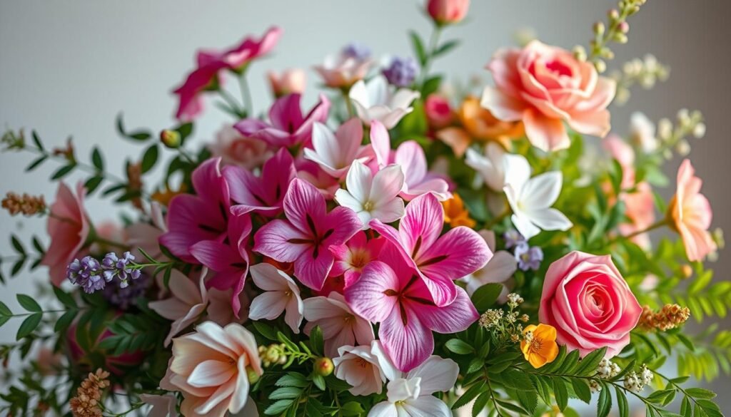 A meticulously designed digital floral arrangement, with a vibrant and lush assortment of virtual blooms. The composition features a central bouquet of delicate, photorealistic petals in a range of vivid hues, surrounded by a harmonious backdrop of complementary greenery. Soft, diffused lighting casts a natural, ethereal glow, while the camera angle captures the arrangement from a slightly elevated perspective, emphasizing the depth and dimensionality of the virtual display. The overall mood is one of elegance, creativity, and a seamless blending of the digital and natural worlds.