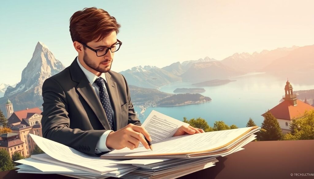 A meticulously detailed illustration of the "İsviçre çalışma izni" process. The foreground showcases a smartly dressed professional navigating the intricate paperwork, surrounded by iconic Swiss landmarks like the Matterhorn and Lake Geneva in the middleground. Warm, natural lighting casts a tranquil ambiance, while the crisp, high-resolution image captures the efficiency and precision of the Swiss bureaucracy. The overall composition conveys the importance and seriousness of obtaining a Swiss work permit, with a touch of the country's picturesque alpine charm.