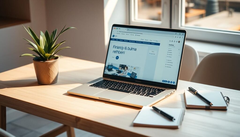 A modern, minimalist desktop scene featuring an open laptop displaying a web browser focused on a "Finlandiya iş bulma rehberi" webpage. The laptop is placed on a clean, light-colored wooden table, with a potted plant, a pen, and a notebook creating a relaxed, productive atmosphere. Warm, natural lighting filters through a nearby window, casting soft shadows and highlighting the details. The overall composition conveys a sense of professionalism, organization, and the resourcefulness needed for effective job searching in Finland.