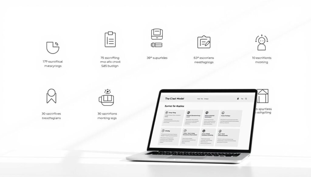 A modern, minimalist illustration depicting various small-scale SaaS business models. A clean, white background showcases simple geometric shapes and icons representing different service offerings, subscription plans, and monetization strategies. The foreground features a refined, sleek laptop or tablet device displaying a user interface for a hypothetical SaaS product. Soft, natural lighting creates a calming, professional atmosphere, highlighting the simplicity and elegance of the SaaS concept. The overall composition conveys the versatility and accessibility of small-scale SaaS solutions for entrepreneurs and small businesses.
