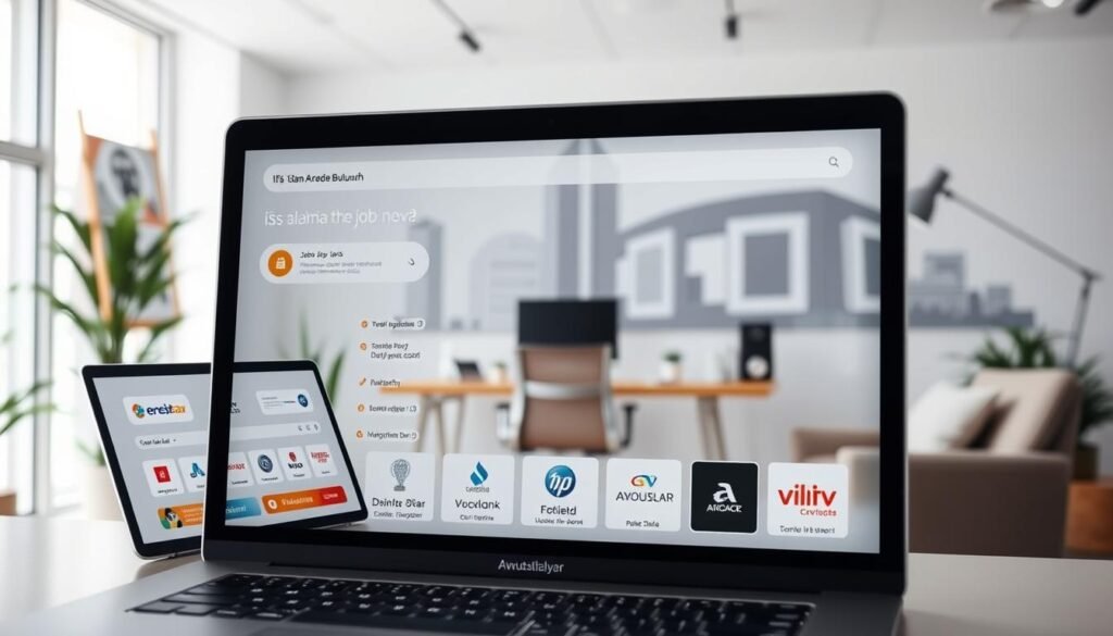 A modern, minimalist office setting showcasing various online job search websites and platforms. The foreground features a sleek laptop or desktop computer display with a clean interface highlighting different job board logos and search options. The middle ground depicts a cozy workspace with a comfortable chair, desk, and office supplies, creating a productive and focused atmosphere. The background subtly incorporates the Avustralya skyline, hinting at the international context of the job search. The overall mood is one of efficiency, connectivity, and the promise of career opportunities, reflecting the section title "İş İlanları Nerede Bulunur?".