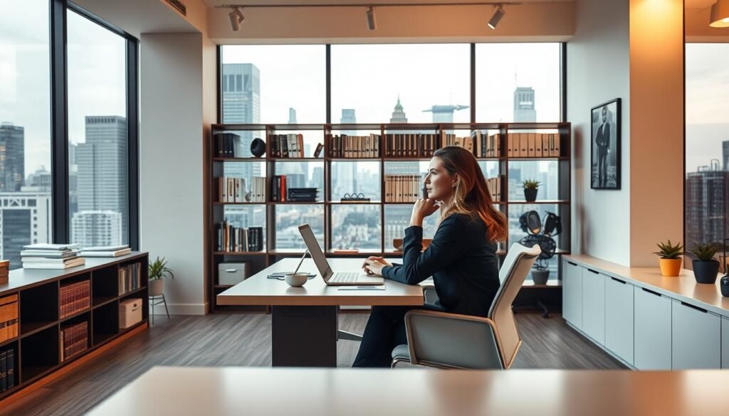 A modern office interior with a large desk, a comfortable chair, and a cozy atmosphere. In the foreground, a woman sits at the desk, deep in thought, representing a freelance HR consultant. The middle ground features shelves filled with HR-related books and documents, reflecting the depth of expertise. In the background, a large window overlooking a bustling city skyline, suggesting the urban, professional context of the freelance HR consulting practice. Warm, directional lighting creates a focused, productive ambiance, while the clean, minimalist design reflects the streamlined, efficient nature of the freelance HR consulting services. A modern office interior with a large desk, a comfortable chair, and a cozy atmosphere. In the foreground, a woman sits at the desk, deep in thought, representing a freelance HR consultant. The middle ground features shelves filled with HR-related books and documents, reflecting the depth of expertise. In the background, a large window overlooking a bustling city skyline, suggesting the urban, professional context of the freelance HR consulting practice. Warm, directional lighting creates a focused, productive ambiance, while the clean, minimalist design reflects the streamlined, efficient nature of the freelance HR consulting services.