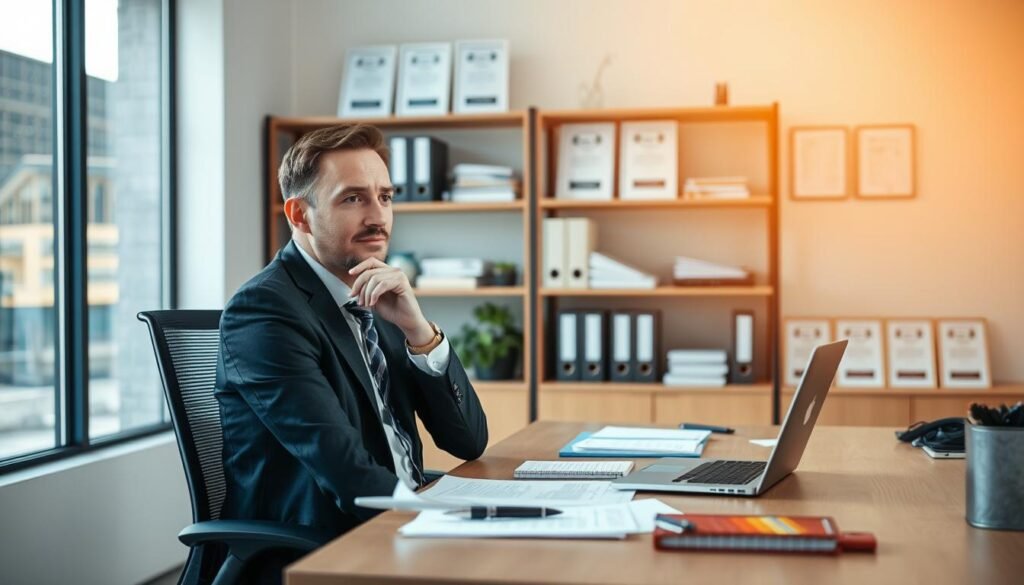 A modern, professional office setting with an ergonomic desk, laptop, and stationery. In the foreground, a thoughtful, well-dressed freelance HR consultant sits contemplatively, surrounded by the tools of their trade - paperwork, a pen, and a tablet. The middle ground features shelves of reference materials and certificates, conveying their expertise. The background is bathed in warm, natural lighting, creating a sense of productivity and focus. The overall atmosphere is one of quiet contemplation, professionalism, and the specialized knowledge required for effective freelance HR consulting. A modern, professional office setting with an ergonomic desk, laptop, and stationery. In the foreground, a thoughtful, well-dressed freelance HR consultant sits contemplatively, surrounded by the tools of their trade - paperwork, a pen, and a tablet. The middle ground features shelves of reference materials and certificates, conveying their expertise. The background is bathed in warm, natural lighting, creating a sense of productivity and focus. The overall atmosphere is one of quiet contemplation, professionalism, and the specialized knowledge required for effective freelance HR consulting.