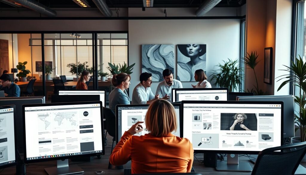A modern web development agency office setting, illuminated by warm, soft lighting from large windows. In the foreground, a variety of web page mockups and wireframes displayed on computer screens, showcasing different website types and designs. In the middle ground, a team of web designers and developers collaborating on their latest project, gesturing to the screens as they discuss layout, functionality, and user experience. The background features sleek, minimalist office decor, with touches of greenery and abstract art, creating a professional yet creative atmosphere.