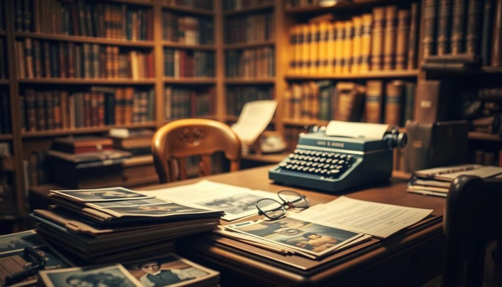 A nostalgic digital archive, illuminated by soft, warm lighting. In the foreground, carefully restored vintage photographs and documents are neatly arranged, their vibrant colors and delicate details meticulously preserved. The middle ground features an antique wooden desk, its surface adorned with a vintage typewriter and a pair of reading glasses, evoking a sense of timeless contemplation. In the background, a bookshelf filled with aged tomes and archival boxes creates a cozy, scholarly atmosphere. The overall scene conveys a harmonious balance between the analog and the digital, where the past and present coexist seamlessly, inviting the viewer to explore the significance of preserving nostalgic memories in the digital age.