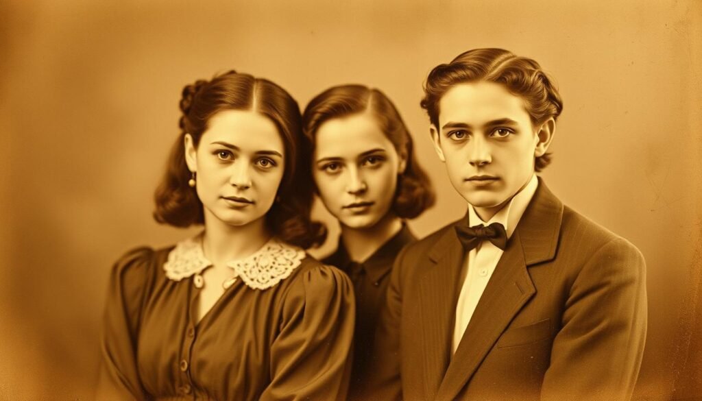 A nostalgic sepia-toned vintage photograph, meticulously restored, capturing the timeless beauty of a bygone era. The image showcases an elegant family portrait, the subjects gazing wistfully into the camera with a sense of timeless grace. Soft, diffused lighting casts a warm, dreamlike glow, accentuating the delicate textures and imperfections of the original print. The composition is balanced, with the subjects centered and framed by a subtle vignette, drawing the viewer's eye to the heart of the scene. The overall mood is one of reverence and appreciation for the enduring value of historical photographs, a poignant reminder of the enduring power of the past to inform and inspire the present.
