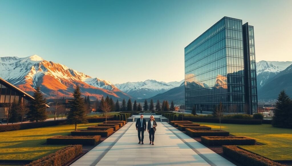 A picturesque Alpine landscape in Switzerland, with snow-capped peaks in the distance. In the foreground, a modern, glass-fronted office building stands tall, its minimalist architecture reflecting the natural beauty surrounding it. The building is bathed in warm, golden light, creating a sense of tranquility and productivity. In the middle ground, well-manicured gardens and pathways lead to the entrance, where smartly dressed professionals stride purposefully. The atmosphere conveys a harmonious blend of efficiency, innovation, and work-life balance, embodying the advantages of working in Switzerland in 2025.