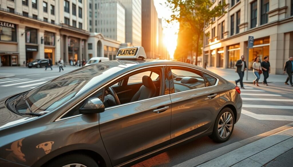 A picturesque urban scene of a city street, with a well-maintained and modern-looking car parked on the curb. The car is the focal point, gleaming in the warm, golden sunlight that filters through the surrounding buildings. The car's interior is visible, showcasing a clean, organized workspace, with a laptop, phone, and other tools of the trade laid out neatly. In the background, pedestrians stroll by, suggesting the bustling energy of a thriving city. The overall mood is one of productivity, opportunity, and the potential for financial success through the use of one's personal vehicle for various service-based businesses.