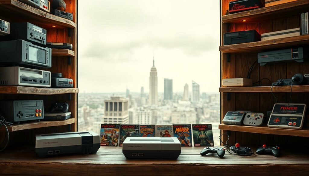 A retro gaming collection displayed on rustic wooden shelves, illuminated by warm, ambient lighting. Vintage game consoles, controllers, and cartridges carefully arranged, reflecting the collector's passion for preserving gaming history. The foreground showcases a meticulously restored classic console, its sleek lines and vibrant colors contrasting with the weathered, yet charming, backdrop. In the middle ground, a selection of rare and iconic game titles are displayed, their iconic cover art serving as a testament to the enduring appeal of retro gaming. The background features a muted, sepia-toned cityscape, hinting at the nostalgic, timeless nature of this collector's pursuit. The overall composition conveys a sense of reverence and appreciation for the rich legacy of gaming, captured in a visually striking and immersive scene.