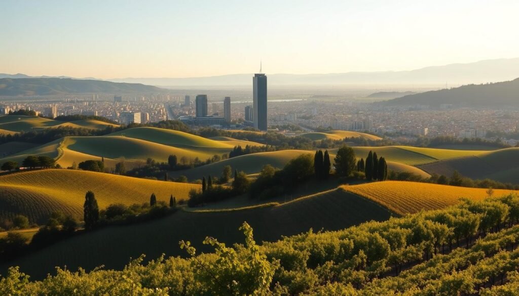 A scenic vista of the Italian landscape, with rolling hills and vineyards in the foreground, set against the backdrop of a bustling city skyline. The scene is bathed in warm, golden sunlight, conveying a sense of prosperity and economic vitality. In the middle ground, a modern office building stands tall, symbolizing the nation's thriving business environment. The atmosphere is one of quiet confidence, reflecting Italy's position as a major economic power in Europe. A scenic vista of the Italian landscape, with rolling hills and vineyards in the foreground, set against the backdrop of a bustling city skyline. The scene is bathed in warm, golden sunlight, conveying a sense of prosperity and economic vitality. In the middle ground, a modern office building stands tall, symbolizing the nation's thriving business environment. The atmosphere is one of quiet confidence, reflecting Italy's position as a major economic power in Europe.