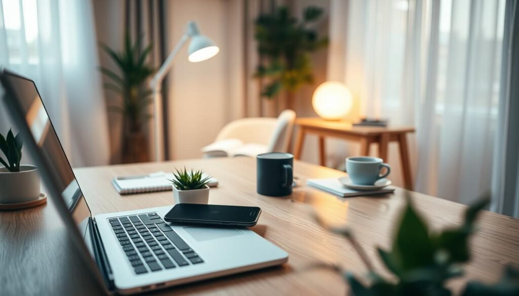 A serene and tranquil social media management scene. In the foreground, a laptop and smartphone rest on a minimalist wooden desk, surrounded by a few artfully placed houseplants. The middle ground features a neatly organized workspace, with a modern desk lamp, a cup of coffee, and a notebook. The background showcases a cozy home office setting, with warm, diffused lighting filtering through sheer curtains, creating a calming ambiance. The overall composition conveys a sense of focus, productivity, and balance, reflecting the essence of effective social media management.