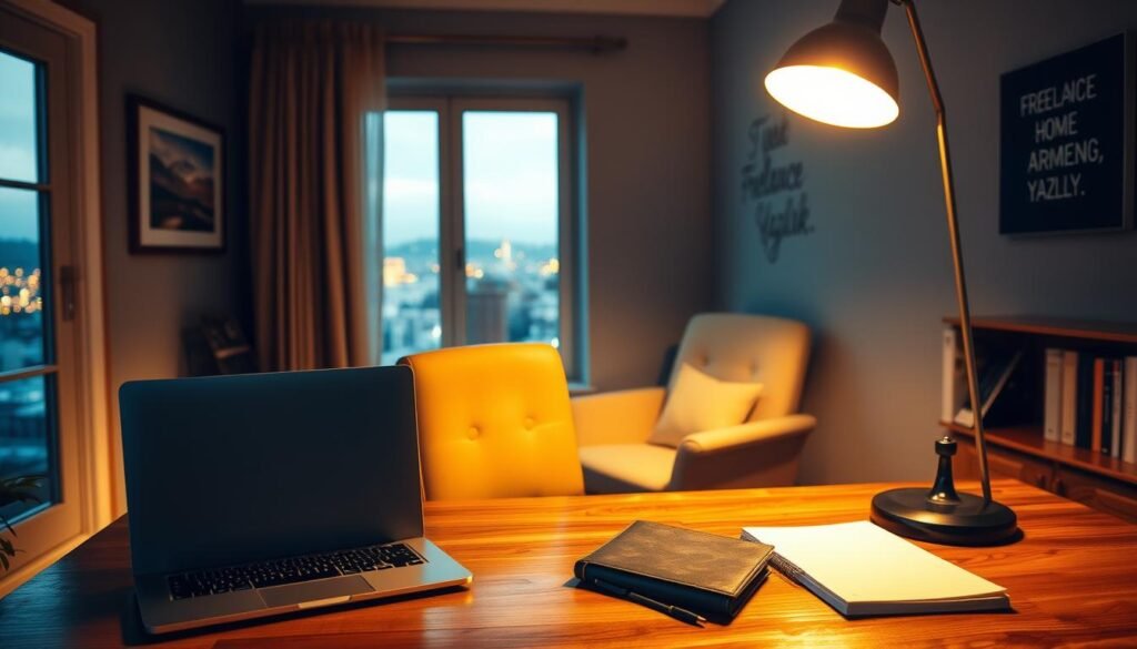 A serene home office with a wooden desk, a comfortable armchair, and a floor lamp casting warm light. In the foreground, a laptop and a notebook, symbolizing the tools of the freelance writer's trade. On the wall, an inspirational artwork or motivational quote. Outside the window, a cityscape or a tranquil landscape, hinting at the freedom and flexibility of the freelance lifestyle. The overall atmosphere is one of focused productivity and quiet contemplation, reflecting the essence of "Freelance Yazarlık."