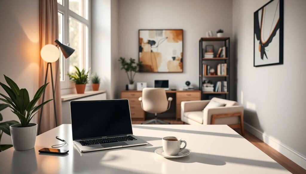 A serene, modern home office setting with a cozy, inviting atmosphere. In the foreground, a sleek, minimalist desk with a laptop, a cup of coffee, and a potted plant. Soft, natural lighting from a large window illuminates the space, casting a warm glow. In the middle ground, a comfortable office chair and a bookshelf with various books and knickknacks. The background features a tasteful abstract wall art piece, hinting at the creator's creative pursuits. The overall scene conveys a sense of productivity, comfort, and the potential for generating passive income through YouTube monetization.