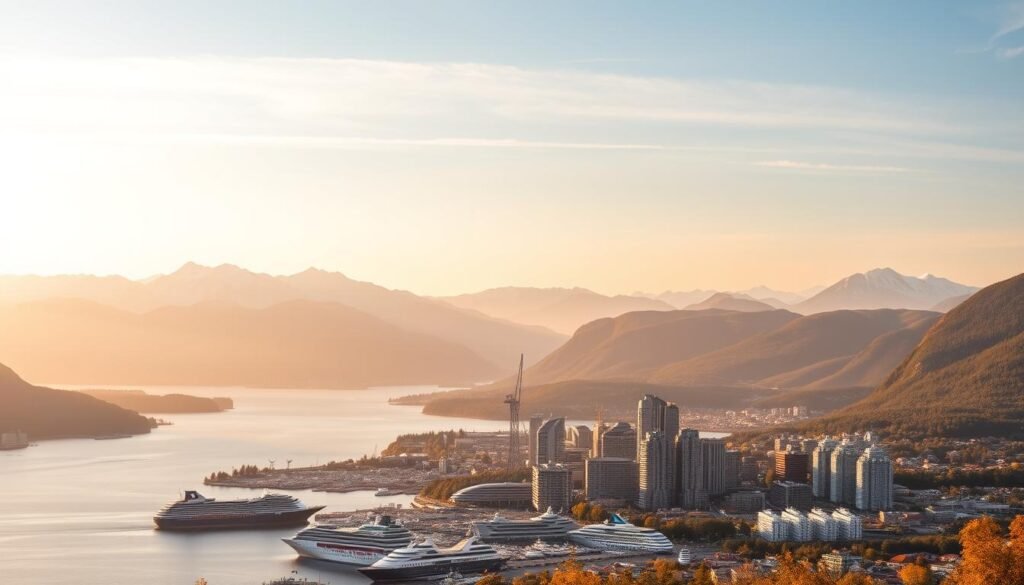 A serene panoramic landscape of majestic fjords and towering snow-capped mountains in Norway, bathed in the warm glow of a golden sunset. In the foreground, a bustling harbor teeming with modern ships and yachts, symbolizing the thriving maritime industry and international trade opportunities. The middle ground features a thriving, high-tech business district with gleaming skyscrapers and cutting-edge architecture, showcasing Norway's innovative economy. The background is dominated by lush, verdant forests and rolling hills, underscoring the country's commitment to sustainability and work-life balance. The overall scene radiates a sense of prosperity, opportunity, and the peaceful, picturesque qualities that make Norway an attractive destination for talented professionals.