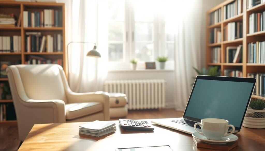 A serene, sunlit home office with a large wooden desk, a cozy armchair, and an open laptop. Soft natural light filters through the window, casting a warm glow on the scene. In the foreground, a stack of bills, a calculator, and a cup of tea suggest the task at hand - earning additional income. The background features bookshelves filled with knowledge, hinting at the opportunity for growth and diversification. The overall atmosphere conveys a sense of productivity, balance, and the potential for financial security. A serene, sunlit home office with a large wooden desk, a cozy armchair, and an open laptop. Soft natural light filters through the window, casting a warm glow on the scene. In the foreground, a stack of bills, a calculator, and a cup of tea suggest the task at hand - earning additional income. The background features bookshelves filled with knowledge, hinting at the opportunity for growth and diversification. The overall atmosphere conveys a sense of productivity, balance, and the potential for financial security.