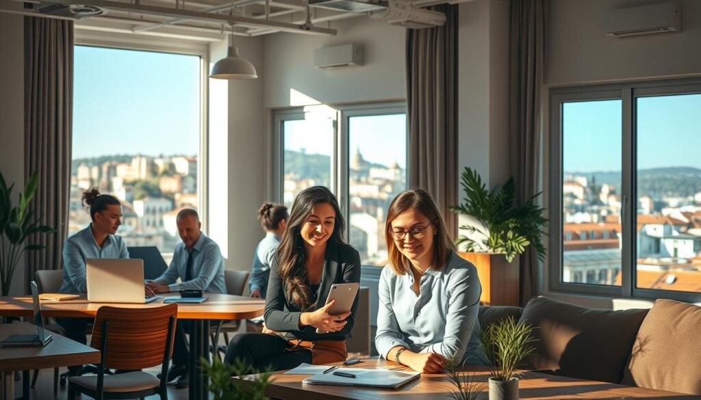 A serene, sunlit office interior with a sense of traditional Italian design. The foreground features a team of professionals engaged in collaborative work, their expressions reflecting a harmonious work culture. The middle ground showcases stylish, wooden furniture and warm lighting, conveying a sense of comfort and productivity. In the background, a window offers a glimpse of a picturesque Italian cityscape, hinting at the vibrant lifestyle that complements the work environment. The overall scene radiates a balance of modern efficiency and timeless elegance, capturing the essence of the Italian work culture and values. A serene, sunlit office interior with a sense of traditional Italian design. The foreground features a team of professionals engaged in collaborative work, their expressions reflecting a harmonious work culture. The middle ground showcases stylish, wooden furniture and warm lighting, conveying a sense of comfort and productivity. In the background, a window offers a glimpse of a picturesque Italian cityscape, hinting at the vibrant lifestyle that complements the work environment. The overall scene radiates a balance of modern efficiency and timeless elegance, capturing the essence of the Italian work culture and values.
