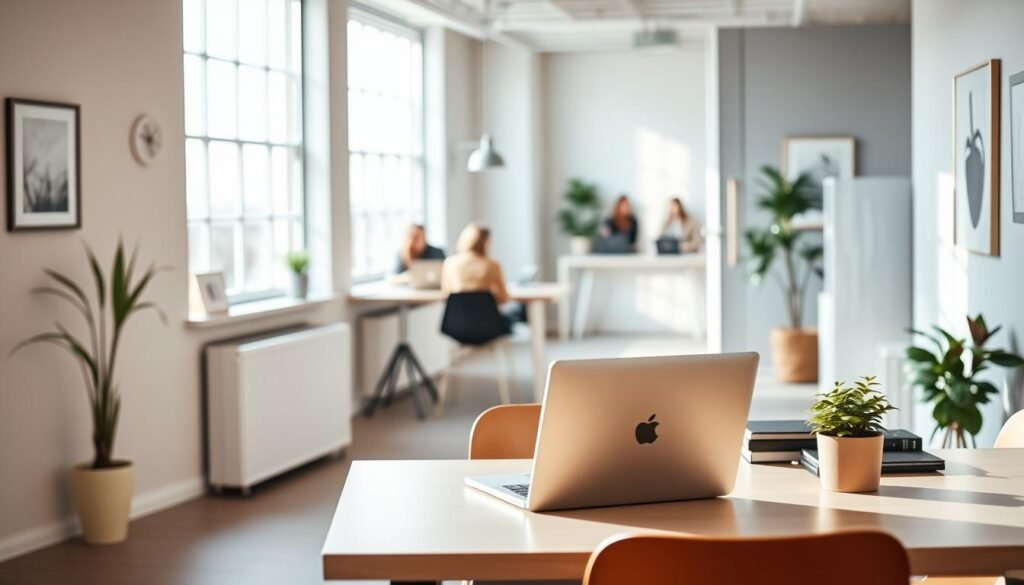 A serene, well-lit office space in Finland, showcasing the modern, minimalist design aesthetic that typifies the country's work culture. Bright, natural lighting filters in through large windows, illuminating a clean, organized desk with a sleek laptop and a small, potted plant. The walls feature muted, earthy tones and subtle Scandinavian-inspired artwork, creating a calming, productive atmosphere. In the background, a glimpse of colleagues collaborating in an open-concept layout, embodying the collaborative, egalitarian spirit of Finnish workplaces. The scene conveys a sense of tranquility, efficiency, and a focus on work-life balance that is central to the Finnish approach to professional life.