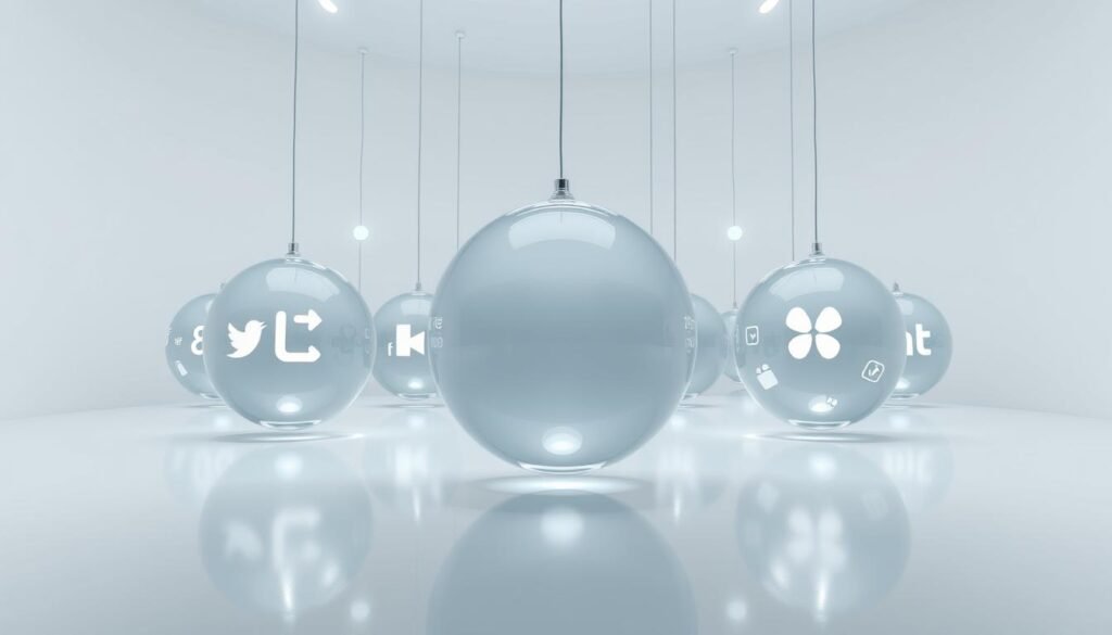 A serene, well-lit scene of various social media platforms represented as interconnected glass spheres, suspended in a minimalist, white-hued environment. The spheres glow softly, casting subtle reflections on the smooth, reflective floor. The composition is balanced and symmetrical, with the platforms arranged in a thoughtful, deliberate manner, conveying a sense of order and harmony. The overall mood is one of tranquility and contemplation, inviting the viewer to ponder the roles and relationships between these digital social hubs.