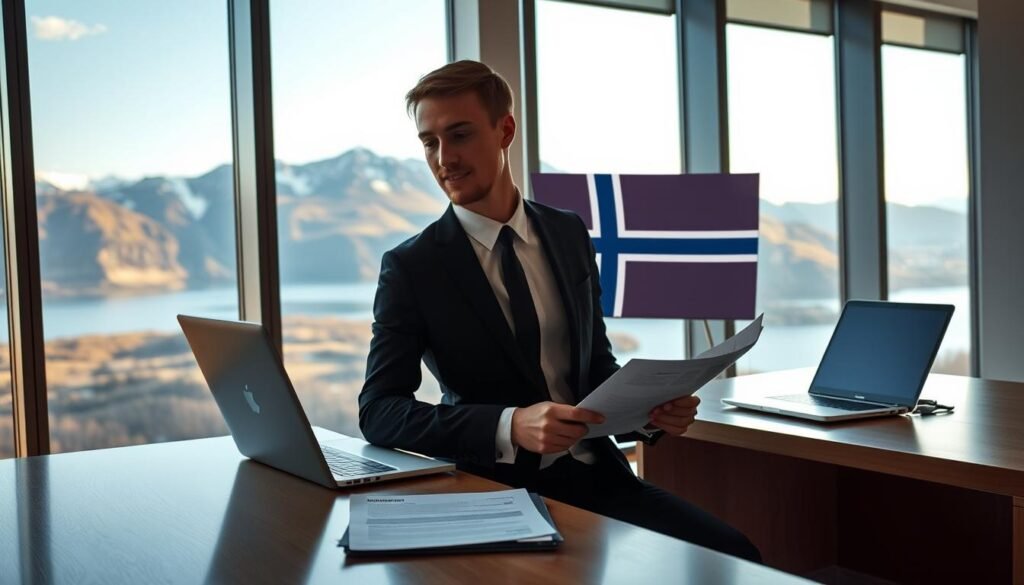 A sleek, modern office interior with large windows overlooking a picturesque Norwegian landscape. A professional-looking desk with a laptop, documents, and a stylized Norwegian flag prominently displayed. In the foreground, a person in formal business attire sits at the desk, examining paperwork related to a work permit. The lighting is soft and natural, creating a warm, productive atmosphere. The overall composition conveys the efficient, well-organized nature of Norway's work visa and employment processes.