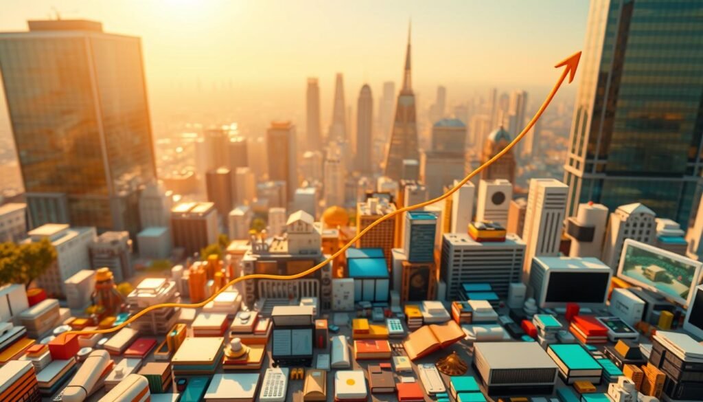 A vibrant digital landscape, showcasing the soaring growth trends within the digital product market. In the foreground, a dynamic data visualization displays an exponential curve, charting the meteoric rise of digital product sales. In the middle ground, a diverse array of digital assets - e-books, online courses, digital software, and more - are presented in an immersive, 3D-rendered environment. The background is a sleek, minimalist cityscape, symbolizing the increasingly tech-driven economy. The scene is illuminated by a warm, golden light, conveying a sense of prosperity and optimism. Captured through a wide-angle lens, the image conveys a comprehensive, panoramic view of the thriving digital product marketplace.