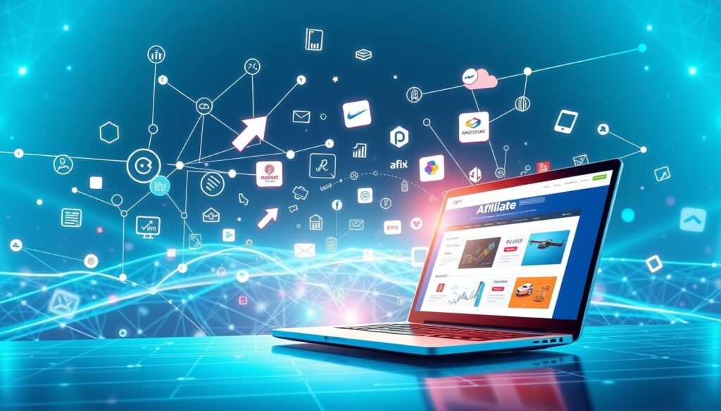 A vibrant, dynamic digital landscape depicting the essence of affiliate marketing. In the foreground, a sleek, modern laptop displays an affiliate program interface, its screen radiating a soft, ambient glow. Surrounding it, a web of interconnected arrows and icons symbolize the complex web of affiliates, merchants, and consumers that drive the affiliate marketing ecosystem. In the middle ground, a diverse array of product images and brand logos float effortlessly, hinting at the vast array of offerings available to affiliate marketers. The background is bathed in a cool, futuristic color palette, with subtle wireframe elements and geometric patterns suggesting the technical infrastructure powering this lucrative digital marketplace. The overall impression is one of innovation, collaboration, and boundless opportunity. A vibrant, dynamic digital landscape depicting the essence of affiliate marketing. In the foreground, a sleek, modern laptop displays an affiliate program interface, its screen radiating a soft, ambient glow. Surrounding it, a web of interconnected arrows and icons symbolize the complex web of affiliates, merchants, and consumers that drive the affiliate marketing ecosystem. In the middle ground, a diverse array of product images and brand logos float effortlessly, hinting at the vast array of offerings available to affiliate marketers. The background is bathed in a cool, futuristic color palette, with subtle wireframe elements and geometric patterns suggesting the technical infrastructure powering this lucrative digital marketplace. The overall impression is one of innovation, collaboration, and boundless opportunity.