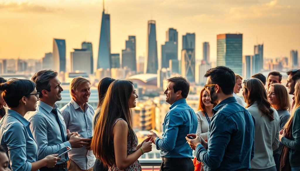 A vibrant, dynamic scene depicting the current trends in the UK job market. In the foreground, a diverse group of professionals - from engineers to entrepreneurs - engaged in lively discussions, exchanging ideas and networking. The middle ground showcases a bustling urban landscape, with skyscrapers and modern office buildings serving as a backdrop to the activity. Warm, diffused lighting casts a sense of optimism and opportunity, while the composition captures the energy and growth of the UK's evolving employment landscape. The overall atmosphere conveys the palpable excitement and potential of the current job market trends in England. A vibrant, dynamic scene depicting the current trends in the UK job market. In the foreground, a diverse group of professionals - from engineers to entrepreneurs - engaged in lively discussions, exchanging ideas and networking. The middle ground showcases a bustling urban landscape, with skyscrapers and modern office buildings serving as a backdrop to the activity. Warm, diffused lighting casts a sense of optimism and opportunity, while the composition captures the energy and growth of the UK's evolving employment landscape. The overall atmosphere conveys the palpable excitement and potential of the current job market trends in England.
