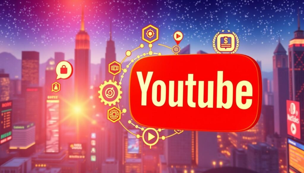 A vibrant, high-definition illustration of YouTube's monetization system. In the foreground, a stylized YouTube logo casts a warm, golden glow, symbolizing the platform's revenue-generating capabilities. In the middle ground, a series of intricate, gear-like icons represent the various monetization tools and features available to creators, such as AdSense, Super Chats, and merchandise sales. The background depicts a bustling, cityscape-like environment, with skyscrapers and a night sky filled with twinkling stars, conveying the vast scale and potential of YouTube's monetization ecosystem. The scene is illuminated by a soft, cinematic lighting that creates a sense of depth and atmosphere, inviting the viewer to explore the intricacies of YouTube monetization.